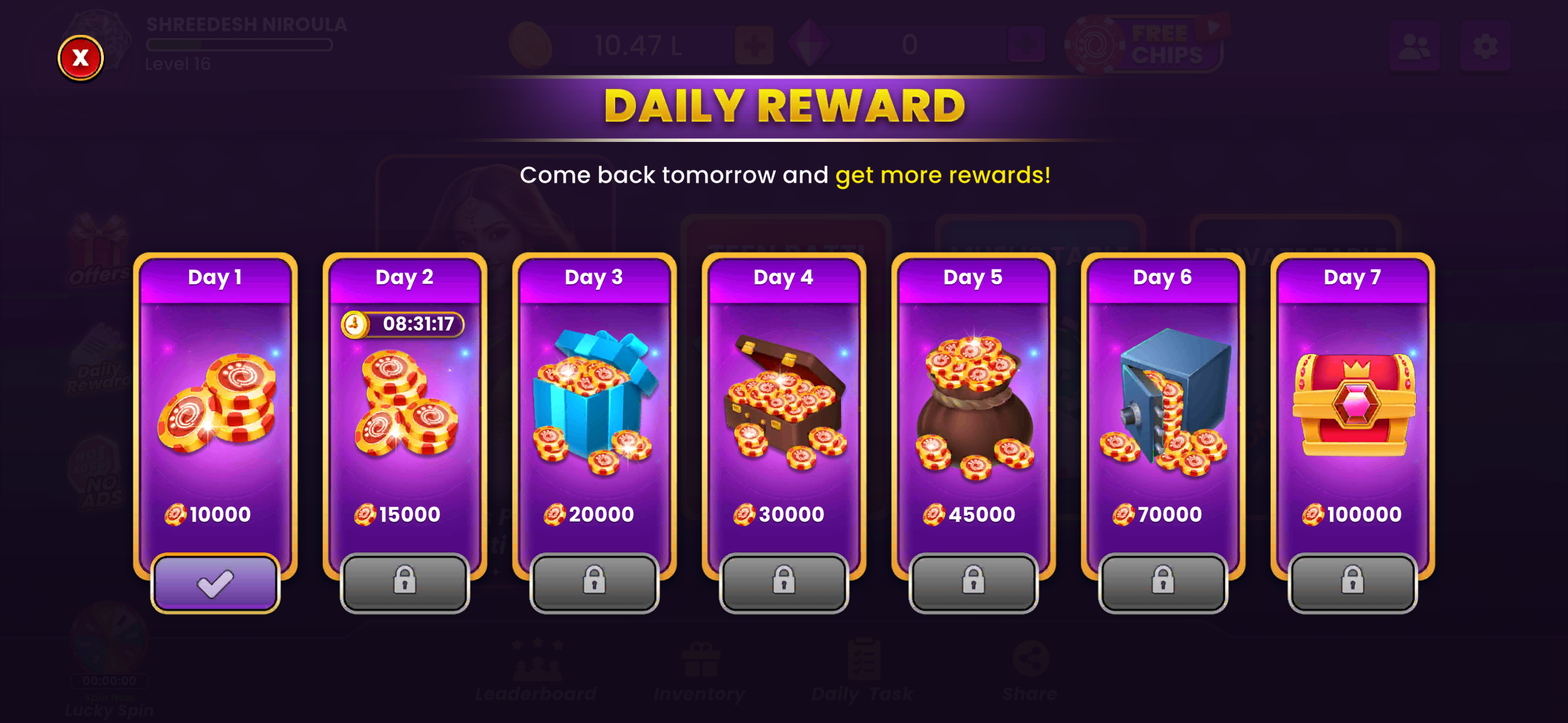 Teen Patti daily rewards and bonuses